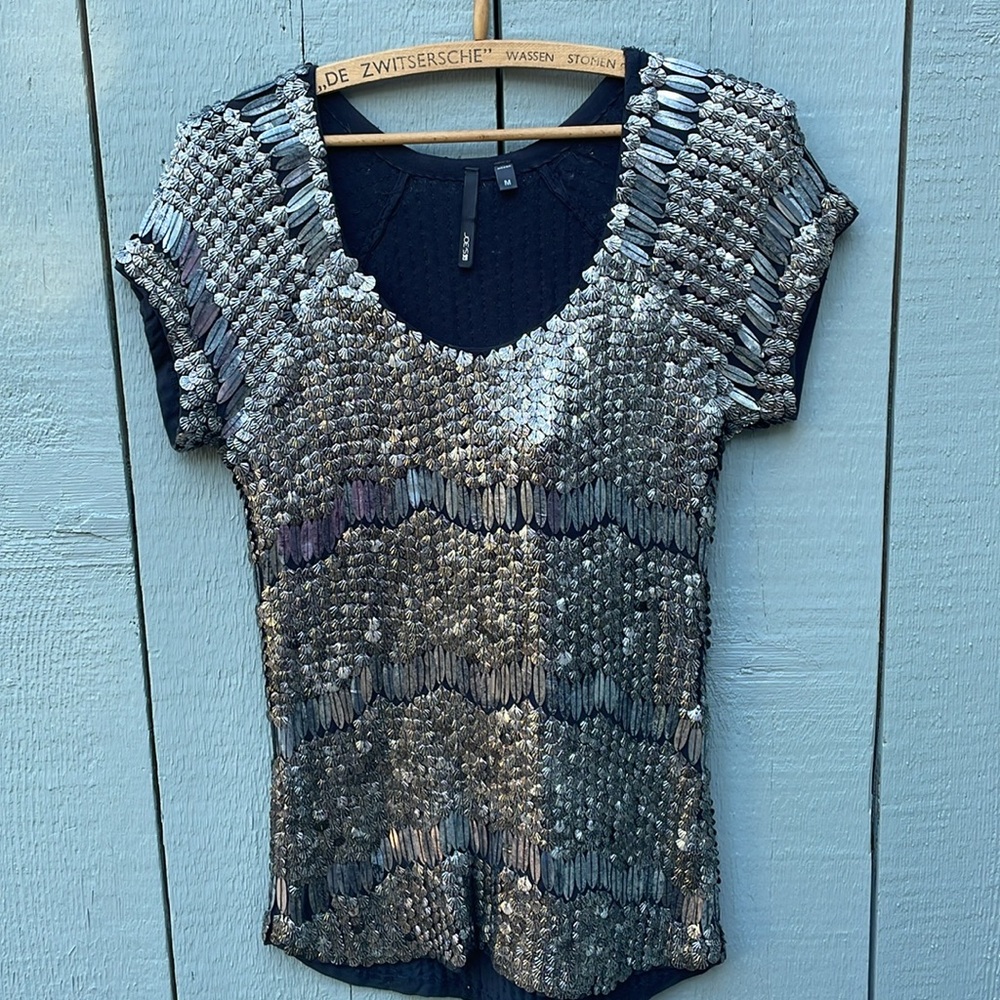 Women’s Joe’s Silver & Black Metal Sequin Top Medium Formal Style Short Sleeve - Picture 6 of 8